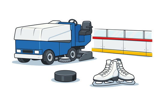 Ice rink essentials: zamboni, hockey puck, skates, and rink barrier in cartoon style