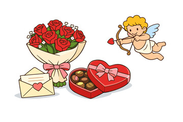 Fototapeta premium Cupid's charm: romantic bouquet, heartfelt letter, and chocolates for valentine's day