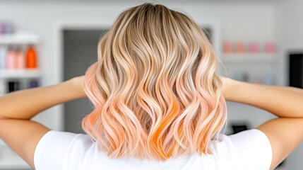 Fototapeta premium Woman with pastel peach hair color, blonde highlights, and a orange ombre effect in a modern salon, viewed from the back.