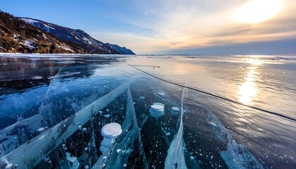 Frozen Lake Baikal - Ice Bubbles and Winter Landscape at Sunset.