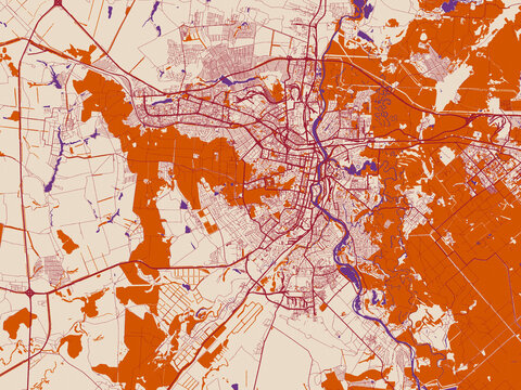 Minimal city map of Penza, Russian Federation with burgundy linework on cream