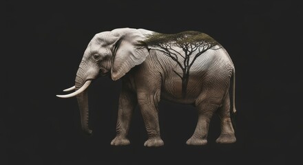 Fototapeta premium double exposure of a elephant with elephant habitat nature background, animal silhouette, animal photography, wilderness and conservation