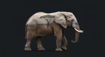 Fototapeta premium double exposure of a elephant with elephant habitat nature background, animal silhouette, animal photography, wilderness and conservation