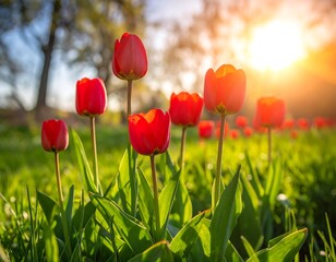 Obraz premium Vibrant Red Tulips Blooming in a Sunny Spring Meadow.