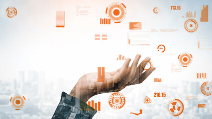 A captivating image of a hand extended towards various digital elements, symbolizing the interaction between human capability and modern technology in an urban setting. Xenic