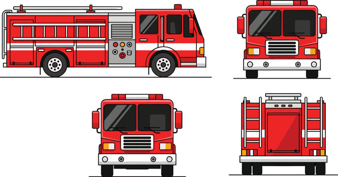 Detailed red fire truck illustration with side, front, and rear views, firefighting equipment vector for emergency services