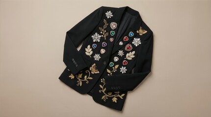 Black blazer adorned with colorful gemstones and intricate embroidery featuring floral patterns, displayed on a neutral background for fashion and design inspiration with copy space