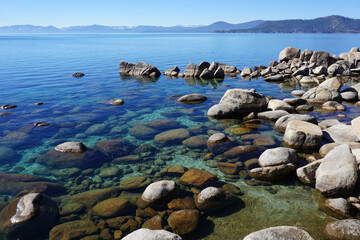 clear water of the east shore of lake tahoe, ca, usa, by the bike trail