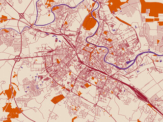Obraz premium Street network map of Vologda, Russian Federation, burgundy linework on cream