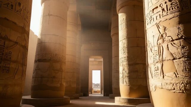 Photorealistic image of golden sunlight streaming through massive stone columns of an ancient Egyptian temple, hieroglyphs carved into the walls, dust particles glowing in the air, sacred and timeless