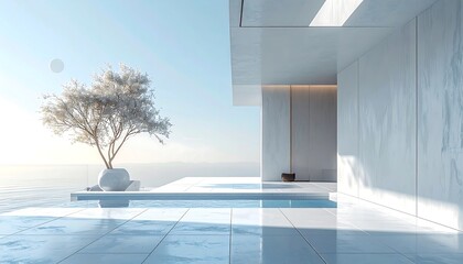 Modern Minimalist Architecture with Tree and Ocean View.