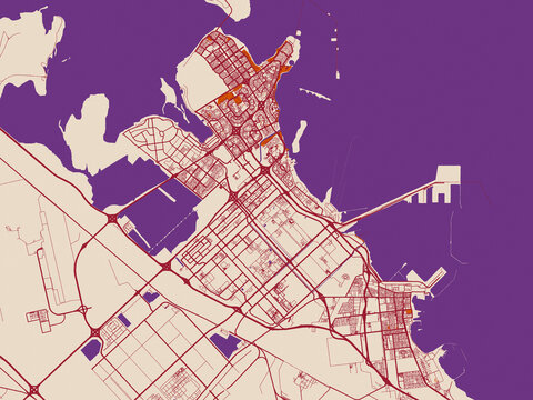 City layout poster &mdash; Al Jubayl, Saudi Arabia &ndash; muted violet water and terracotta