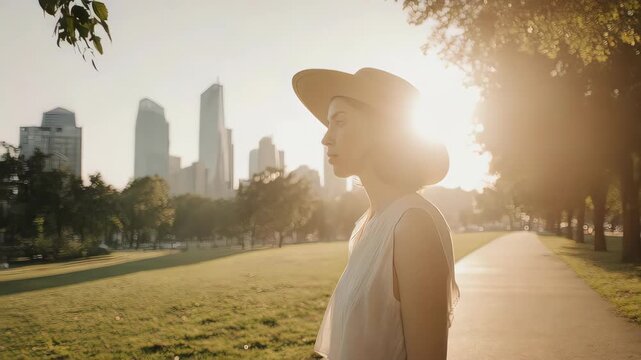 Young adult in sun hat contemplates city skyline at sunrise in the park