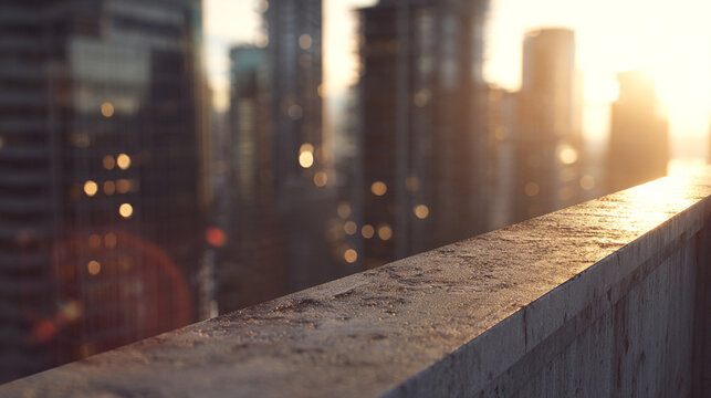 Urban rooftop scene w/ concrete ledge & blurred skyline in the distance, golden hour light
