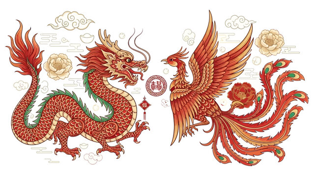 Chinese dragon and phoenix symbolizing harmony and balance in traditional culture.