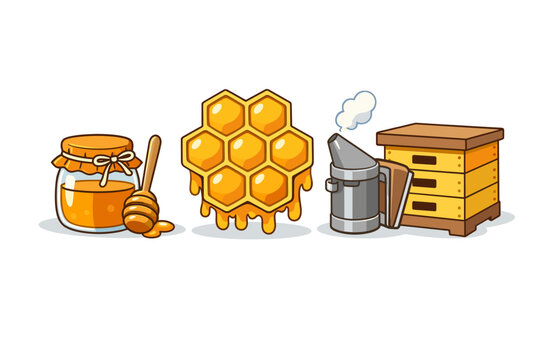 Colorful honey beekeeping elements with honeycomb, jar, and hive
