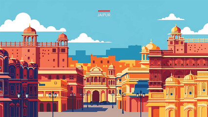 Vector illustration of Jaipur cityscape featuring traditional-inspired generic architecture, warm urban streets, and cultural Indian city atmosphere in flat solid colors for tourism and heritage theme © meeblues