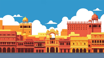 Vector illustration of Jaipur cityscape featuring traditional-inspired generic architecture, warm urban streets, and cultural Indian city atmosphere in flat solid colors for tourism and heritage theme © meeblues