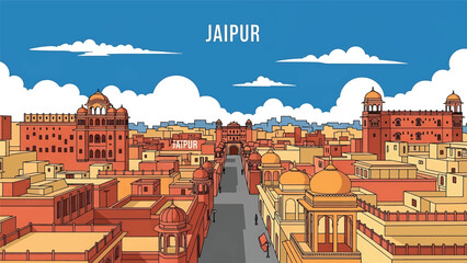 Vector illustration of Jaipur cityscape featuring traditional-inspired generic architecture, warm urban streets, and cultural Indian city atmosphere in flat solid colors for tourism and heritage theme © meeblues