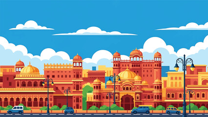 Vector illustration of Jaipur cityscape featuring traditional-inspired generic architecture, warm urban streets, and cultural Indian city atmosphere in flat solid colors for tourism and heritage theme © meeblues