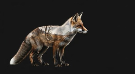 Obraz premium double exposure of a fox with fox habitat nature background, animal silhouette, animal photography, wilderness and conservation