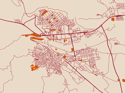 Street map of Bingoel, T&uuml;rkiye in burgundy linework on cream