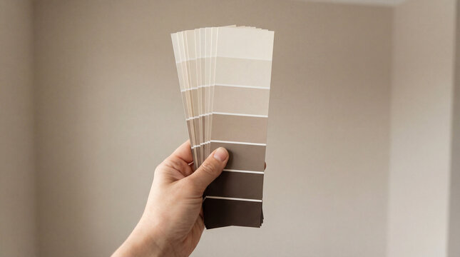 Neutral Paint Color Swatches Selection: Hand holding a fan of beige and brown paint color samples, symbolizing interior design, home renovation, and color palette planning.