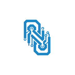 A blue circuit board logo with letter N viewed from directly above showcasing technology and design elements