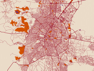 City map of Konya, T&uuml;rkiye &mdash; soft cream background with burgundy street lines, warm terracotta land blocks and muted violet water