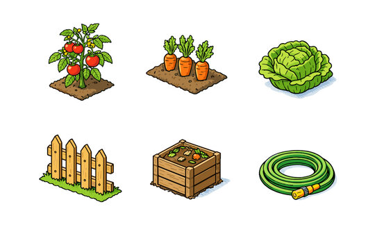 Garden elements: tomatoes, carrots, cabbage, fence, compost bin, and hose in isometric style