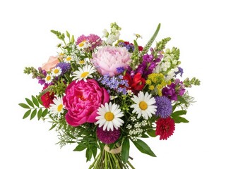 Fototapeta premium Vibrant bouquet of mixed flowers with daisies and peonies isolated on white background