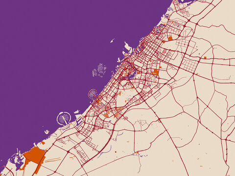 Street map of Dubai, United Arab Emirates in cream and burgundy map
