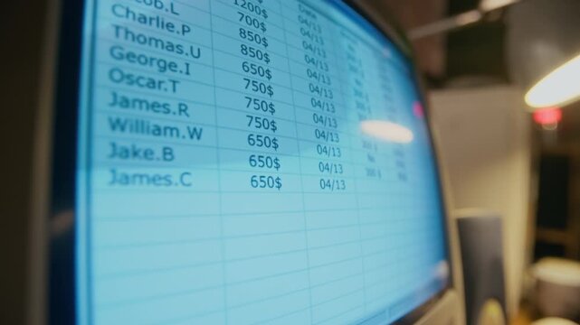 No people close-up of company employee staff payroll with salaries in dollars, displayed on flickering screen of vintage computer in spreadsheet accounting software program