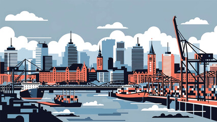 Vector illustration of Hamburg cityscape featuring a waterfront German city with generic port buildings, bridges, river elements, and modern skyline in flat vector style for travel and business themes © meeblues