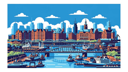 Vector illustration of Hamburg cityscape featuring a waterfront German city with generic port buildings, bridges, river elements, and modern skyline in flat vector style for travel and business themes © meeblues