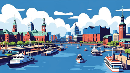 Vector illustration of Hamburg cityscape featuring a waterfront German city with generic port buildings, bridges, river elements, and modern skyline in flat vector style for travel and business themes © meeblues