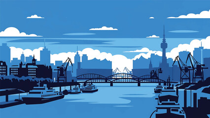 Vector illustration of Hamburg cityscape featuring a waterfront German city with generic port buildings, bridges, river elements, and modern skyline in flat vector style for travel and business themes © meeblues