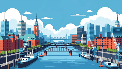 Vector illustration of Hamburg cityscape featuring a waterfront German city with generic port buildings, bridges, river elements, and modern skyline in flat vector style for travel and business themes © meeblues