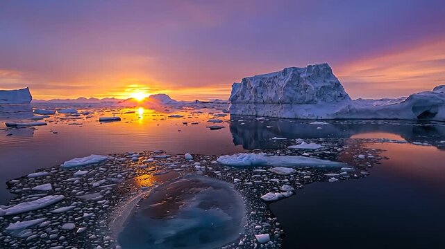 sunrise over ilulissat icefjord greenland seascape rotate camera video