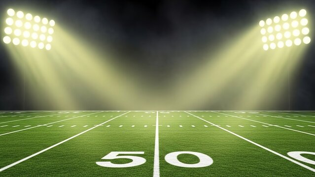 American football field at night, brightly illuminated by stadium spotlights, with the 50-yard line clearly visible.