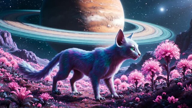 A fantastical scene of a cat on an alien world with a planet in the background