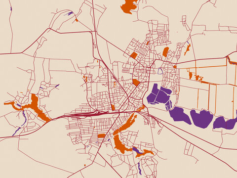 City map of Konotop, Ukraine &ndash; cream and burgundy map
