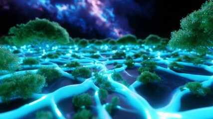 A breathtaking visualization of a glowing, interconnected landscape filled with luminescent trees and ethereal paths, showcasing a magical fusion of nature and digital artistry in a cosmic environment - Powered by Adobe