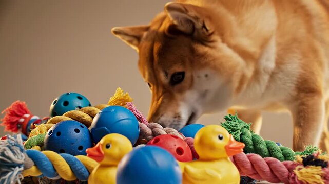 Shiba Inu Playtime: A curious Shiba Inu sniffs intently at a basket overflowing with playful toys, showcasing the dog's inquisitive nature and love for fun.