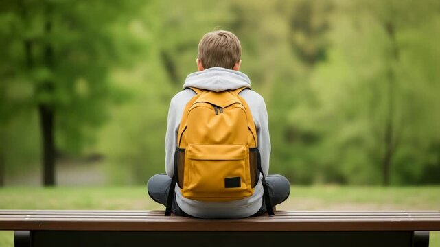 Young boy sitting alone on bench in park with yellow backpack symbolizing loneliness and bullying, for educational concept footage	 