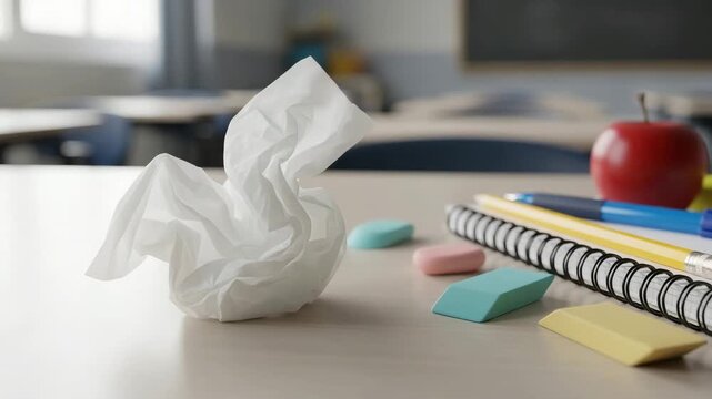A classroom desk with a crumpled tissue, a yellow pencil, and colorful erasers. The setting conveys feelings of anxiety and loneliness associated with school trauma.
