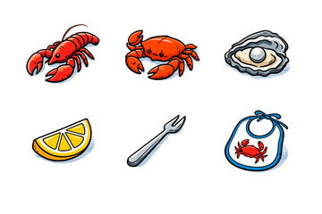 Colorful seafood icons: lobster, crab, oyster, lemon, fork, bib