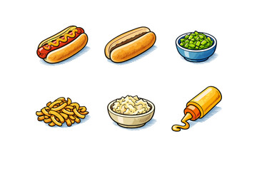 Cartoon hot dog ingredients with mustard, relish, and potato sides