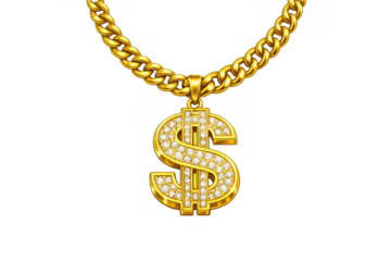 Gold dollar sign pendant with sparkling diamonds hanging from a thick cuban link chain, symbolizing wealth, luxury, and hip-hop culture