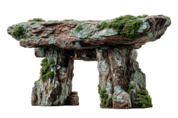 Isolated ancient weathered granite formation with moss and lichen during bright daylight hours in a natural setting